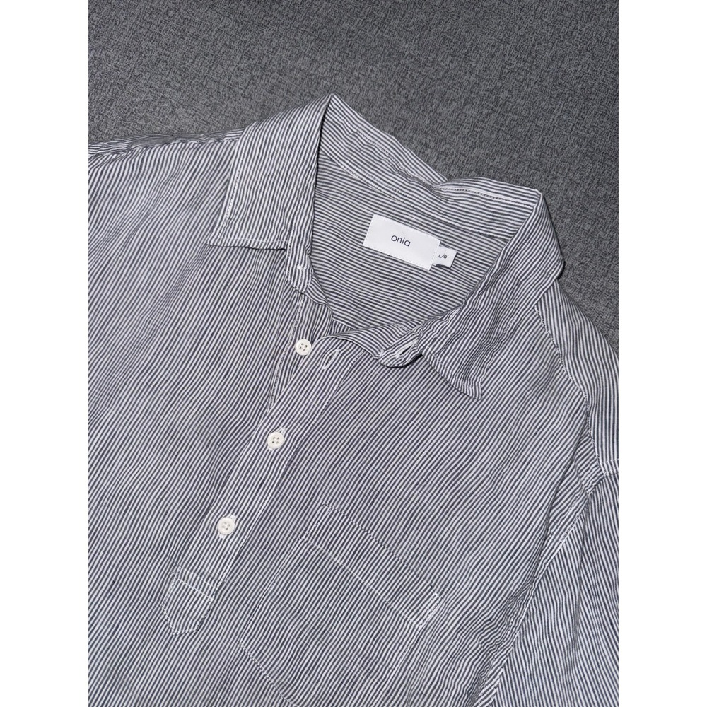 Onia Mens Linen Tencel Striped Popover Shirt Dark Gray  White Large L